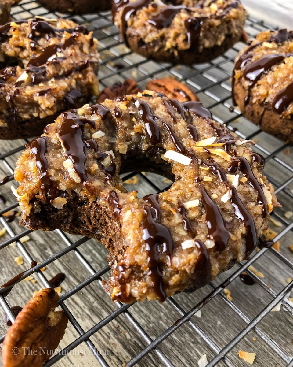 German chocolate donuts with coconut pecan frosting