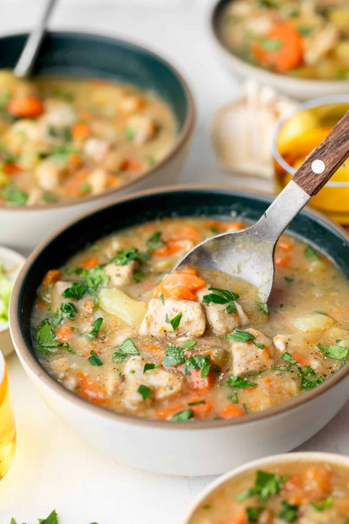 Close-up shot of a hearty chicken stew with roasted vegetables in an Instant Pot