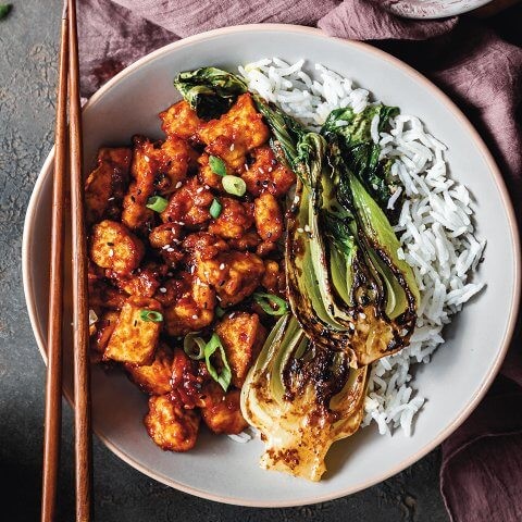 Spicy gochujang tofu scramble in a skillet