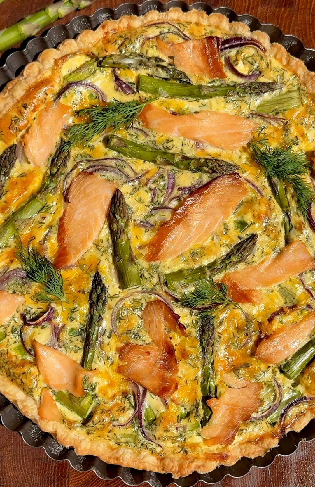Salmon, Asparagus, Dill & Lemon Cream Quiche fresh out of the oven
