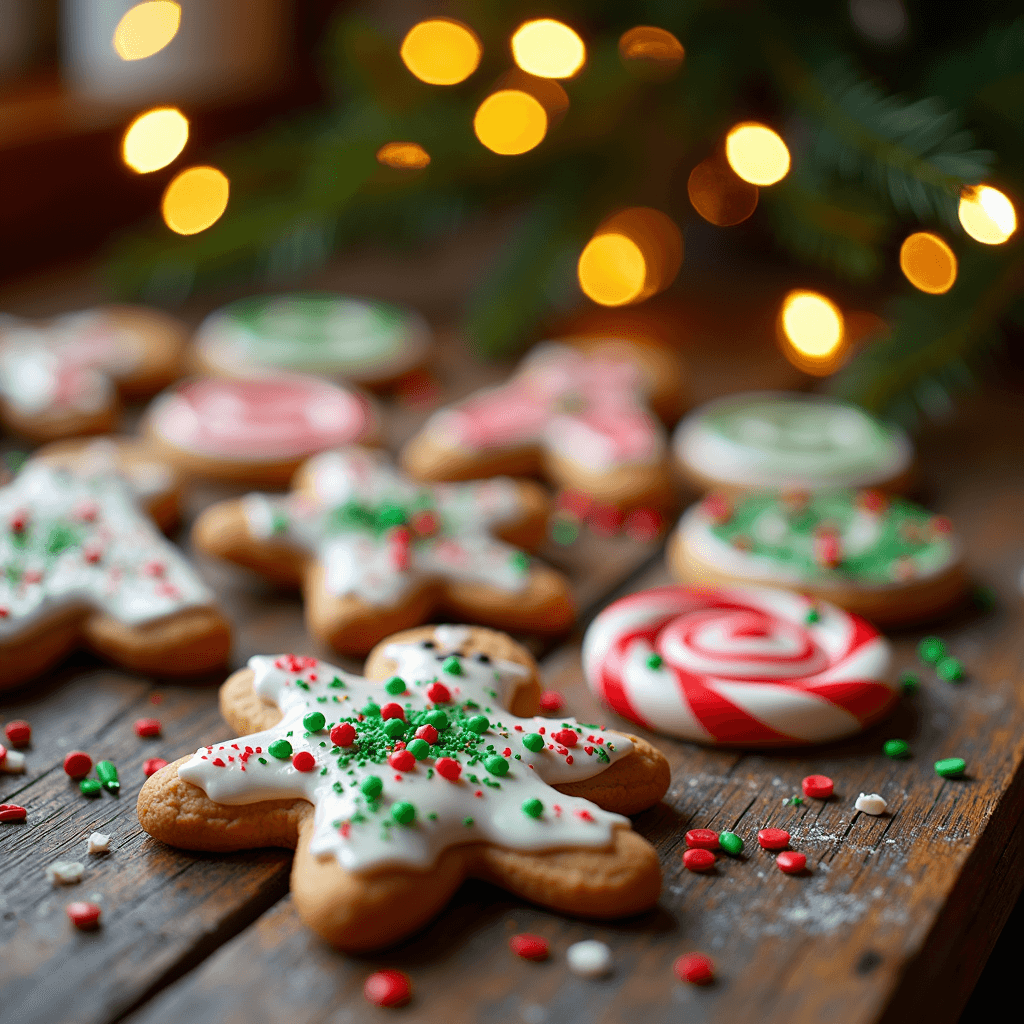 Homemade chocolate cookies with colorful Christmas icing and sprinkles on a rustic wooden table with fairy lights