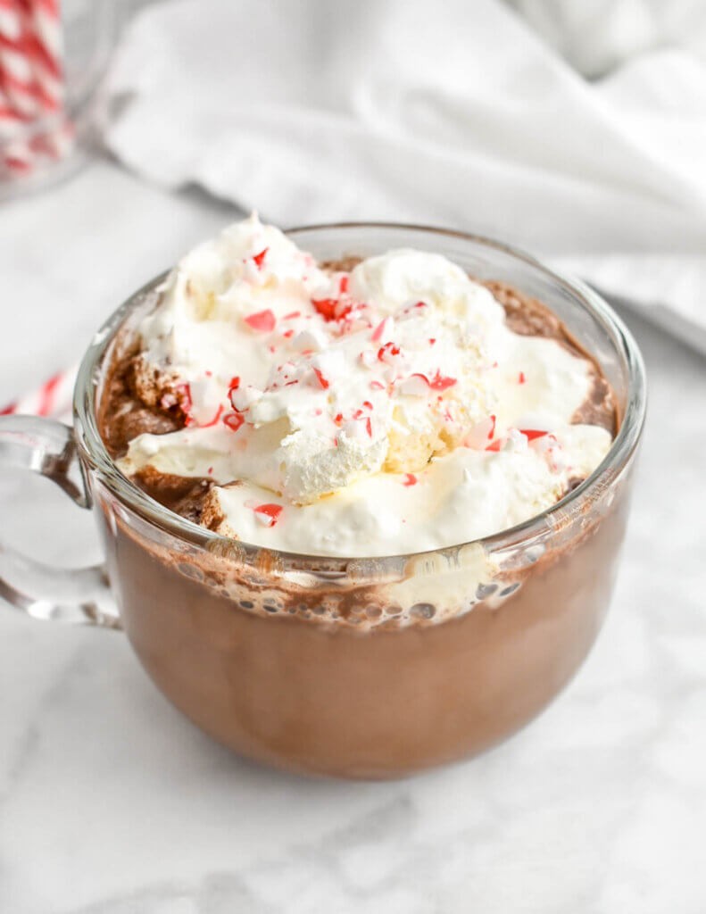 Close-up of a festive peppermint mocha with whipped cream, chocolate drizzle, and crushed candy cane in a holiday mug