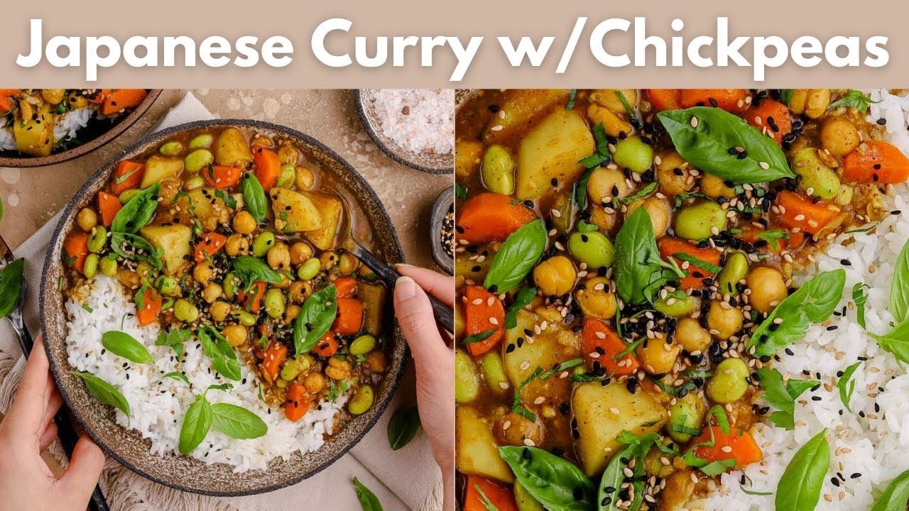 Bowl of Japanese Nanami Togarashi Chickpea Curry served with rice and garnished with cilantro.