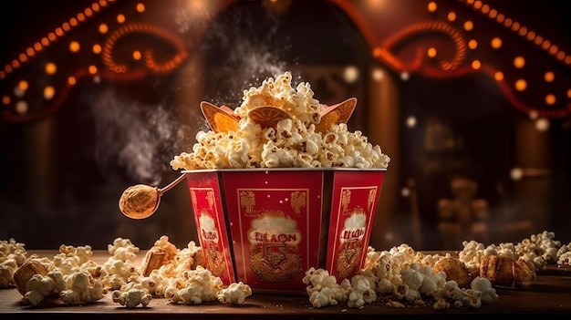 close up of lobster butter popcorn in a movie theater setting