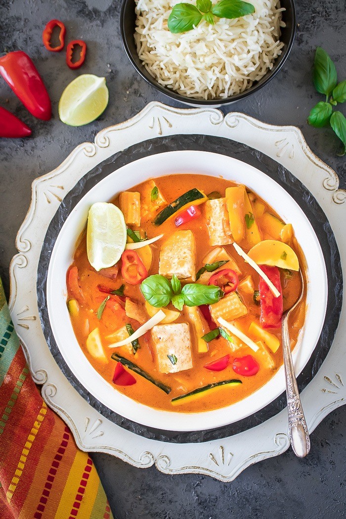red curry with tofu and water chestnuts in a bowl