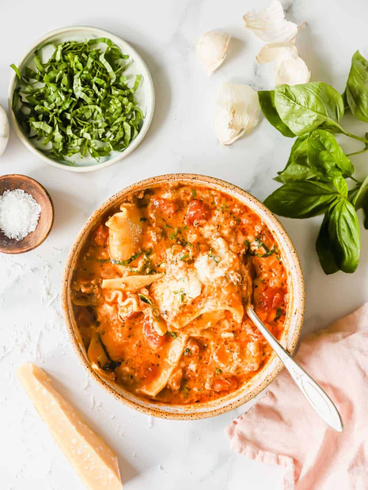 bowl of creamy lasagna soup with ground beef and cheese