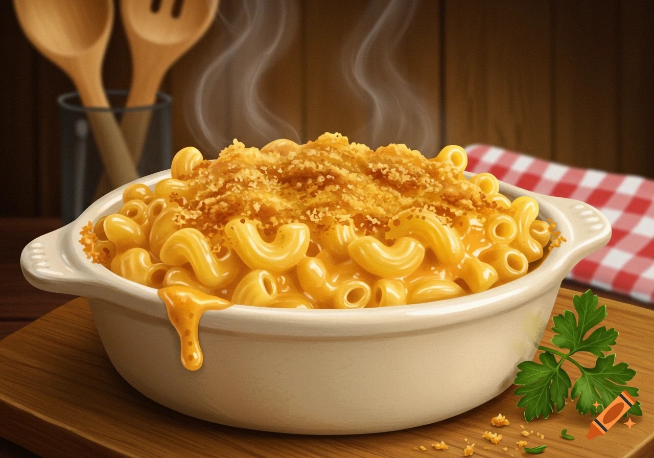 Gooey, golden brown cream-top mac and cheese in a rustic ceramic bowl, with steam rising, on a wooden table with a cozy background.