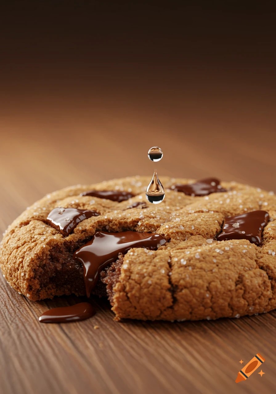 Extreme close-up of a warm, gooey chocolate chip cookie being pulled apart, showing melted chocolate strands