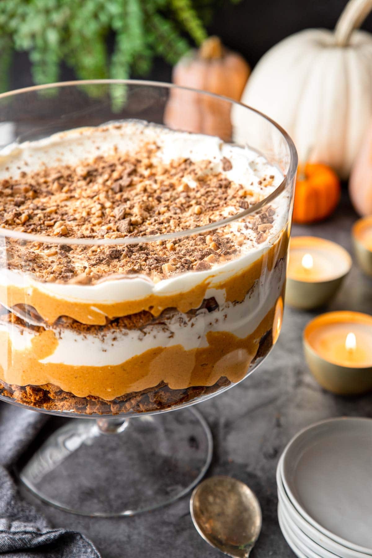 pumpkin trifle dessert in a glass bowl