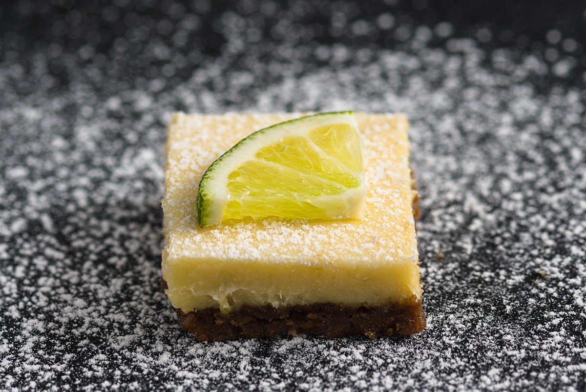 key lime pie bars with gingersnap crust, close up