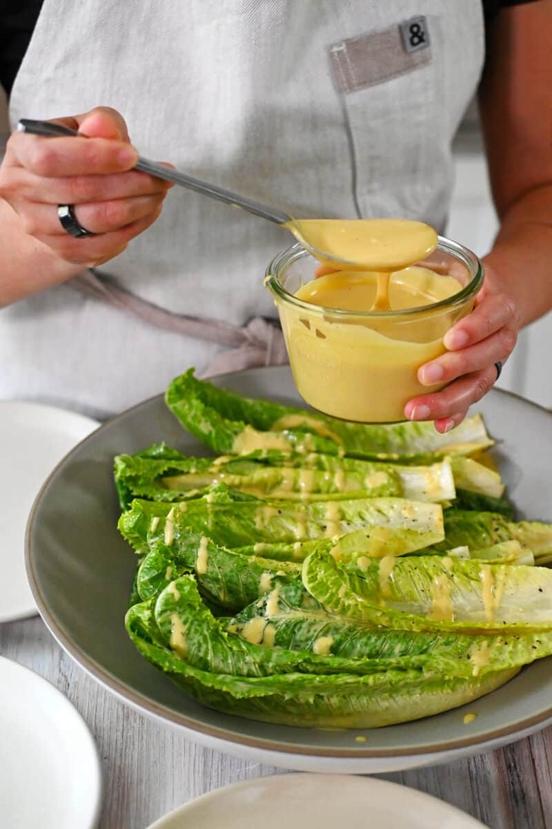 dairy-free caesar dip with romaine lettuce leaves