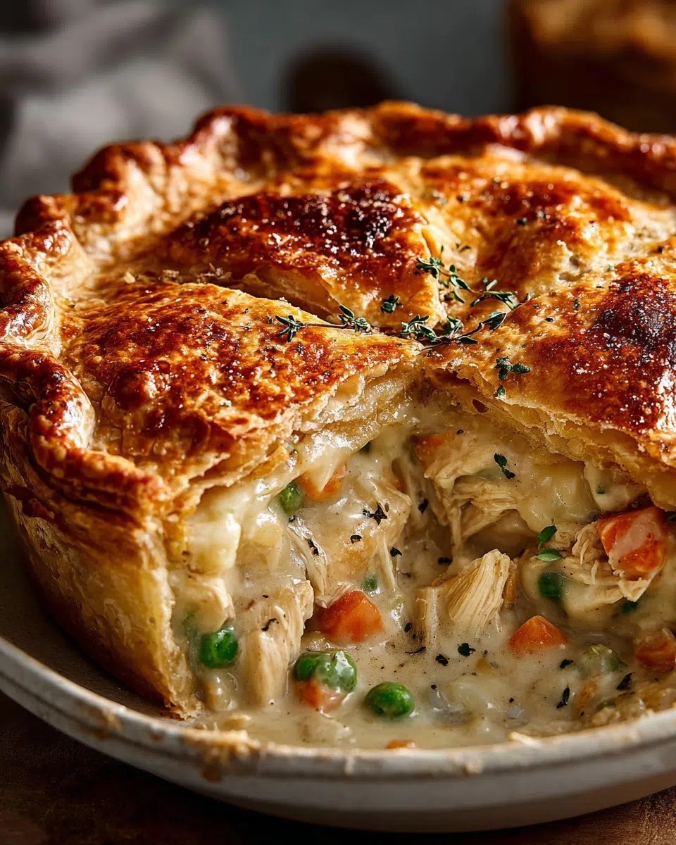 Rustic golden flaky chicken pot pie, steaming, on a wooden table, cozy kitchen atmosphere