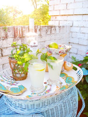 vibrant tropical coconut mojito cocktail with holiday decorations in a sunny setting