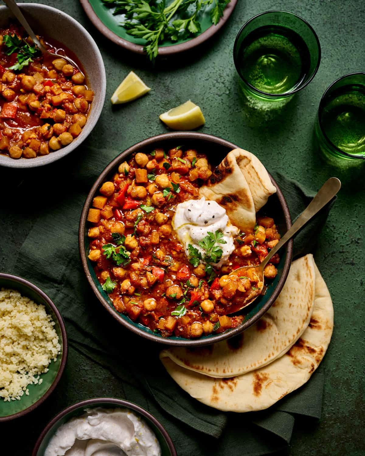 chickpea tagine oatmeal bowl with fresh herbs