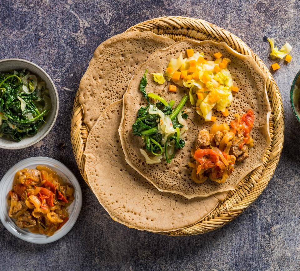 Injera with Turnip Greens close up shot