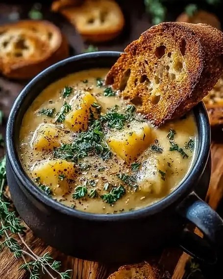 hearty creamy herb potato soup with rustic bread