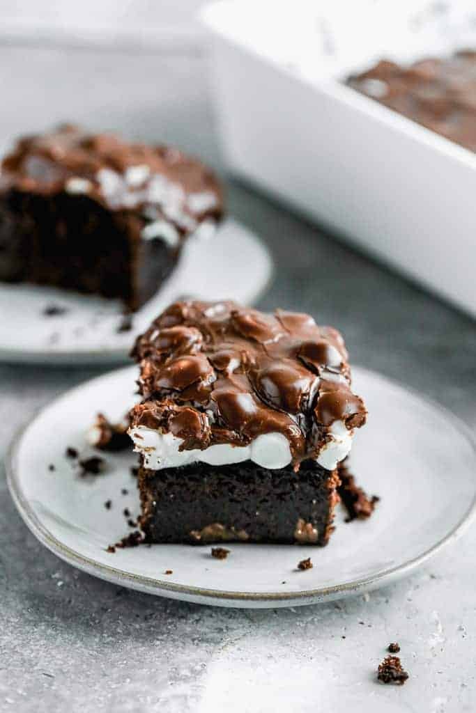 Gooey, chocolatey Mississippi Mud Cake in a 9x13 pan, slightly messy