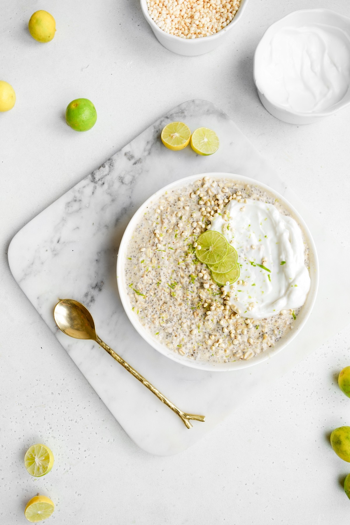 A bowl of Key Lime Pie Oatmeal with a spoon