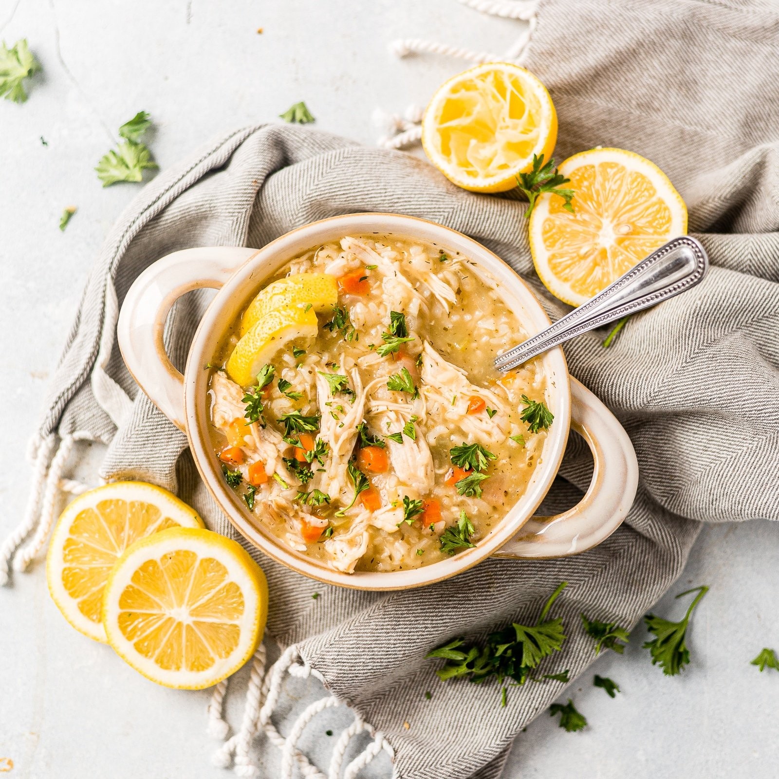 Instant Pot Greek Lemon Chicken Stew served in a bowl
