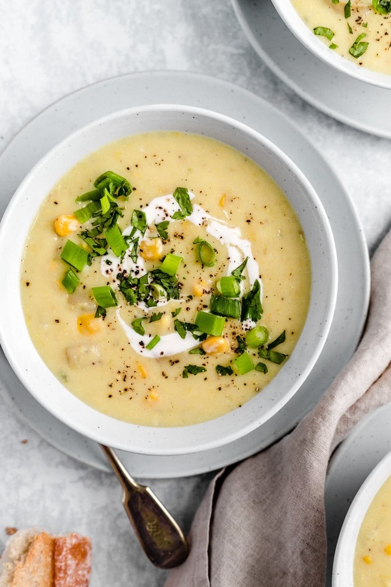creamy vegan corn chowder in a bowl