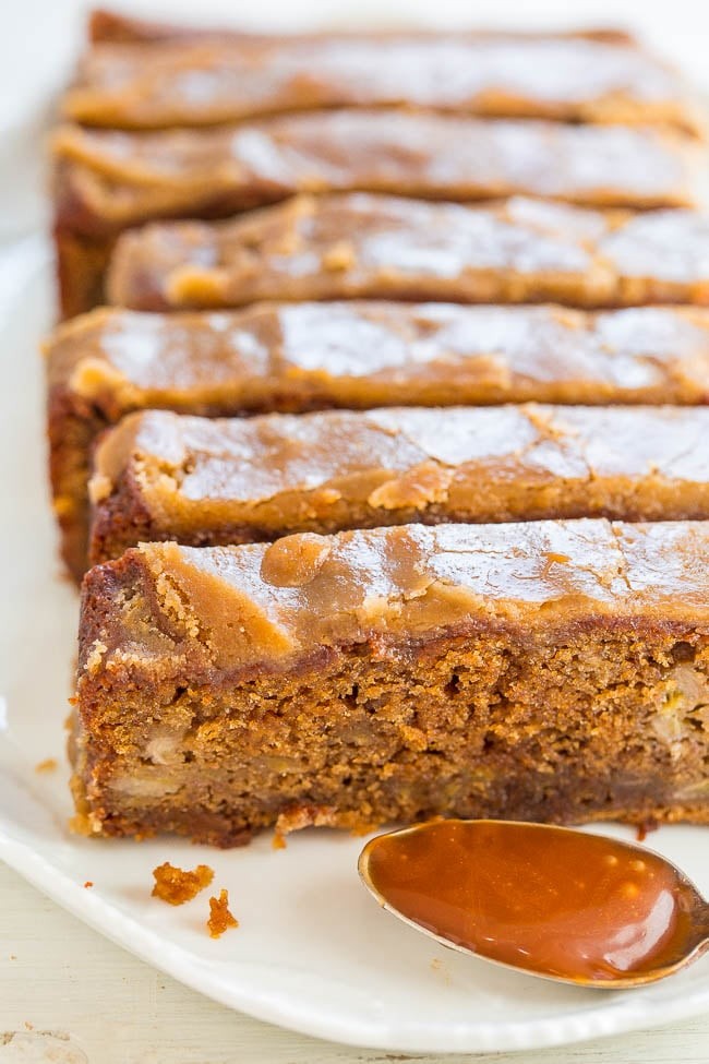 Delicious slice of caramel drizzle banana loaf with a warm cup of coffee