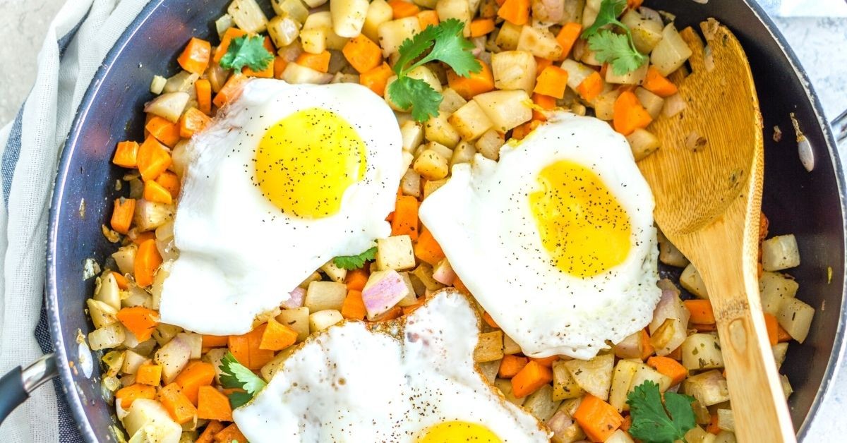 turnip and sausage hash with fried egg
