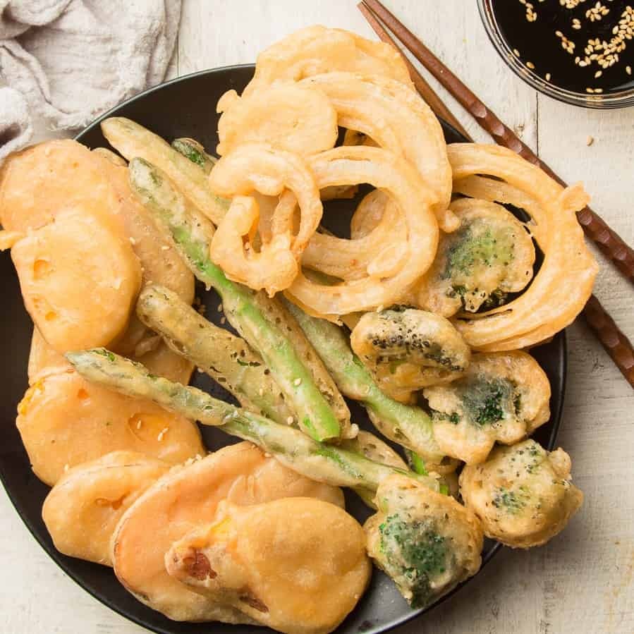crispy tempura fried vegetables with sesame seeds