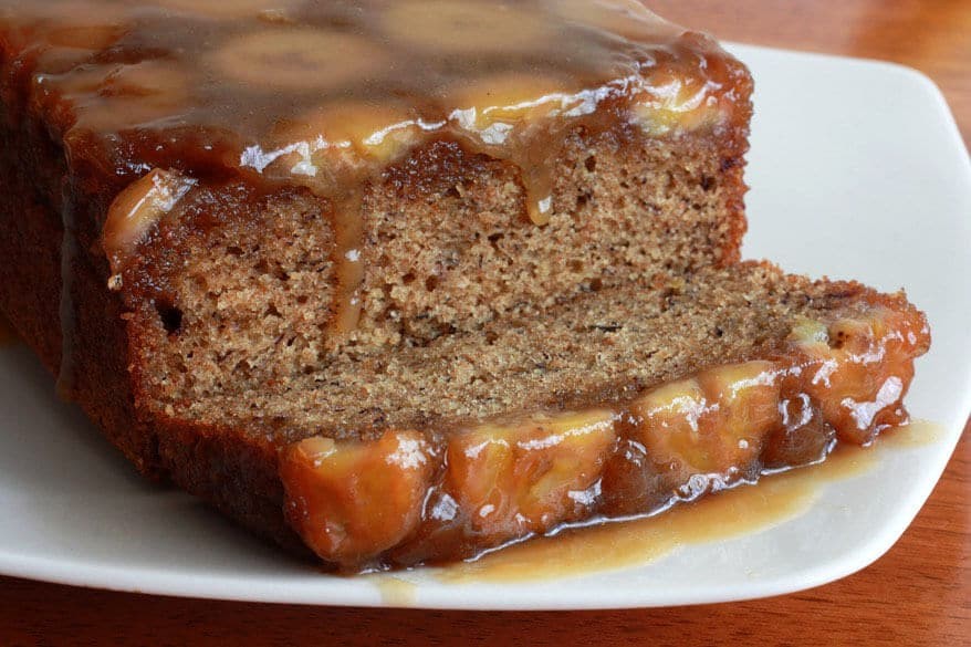 Gourmet caramel banana ripple bread, freshly baked, sliced, with caramel drizzle