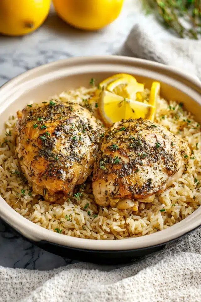 slow cooker lemon herb chicken and rice served in bowl