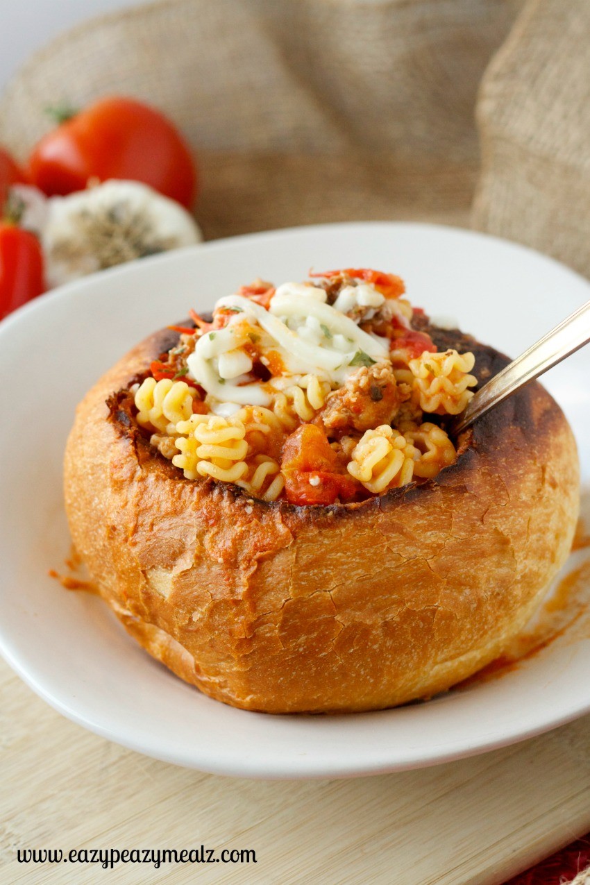 bowl of homemade lasagna soup with bread