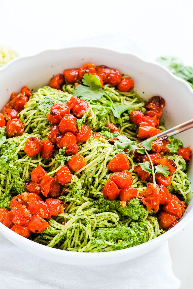 cilantro pesto pasta with roasted cherry tomatoes