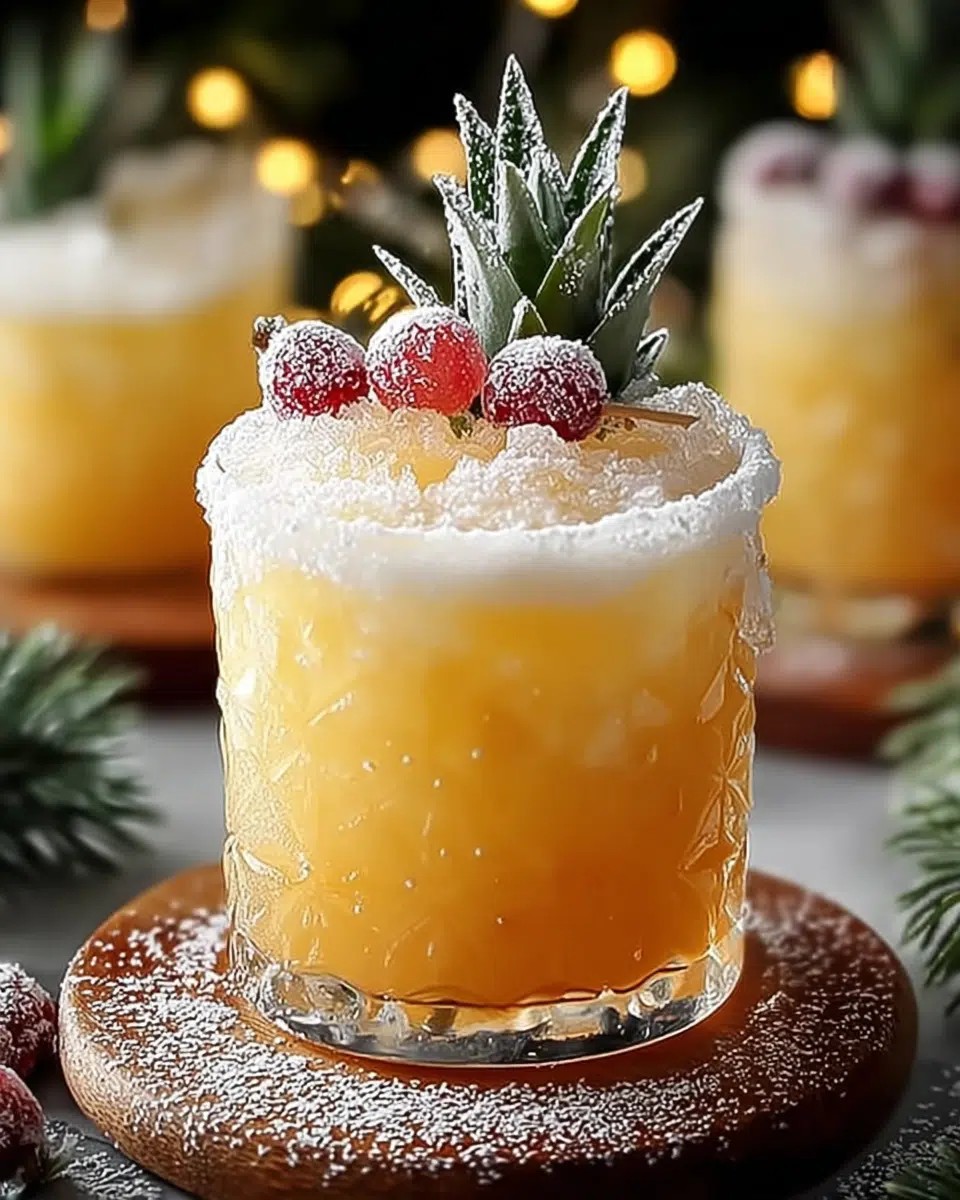 festive nonalcoholic pineapple punch in a glass pitcher with fruit garnishes, holiday decorations in background, tropical vibe