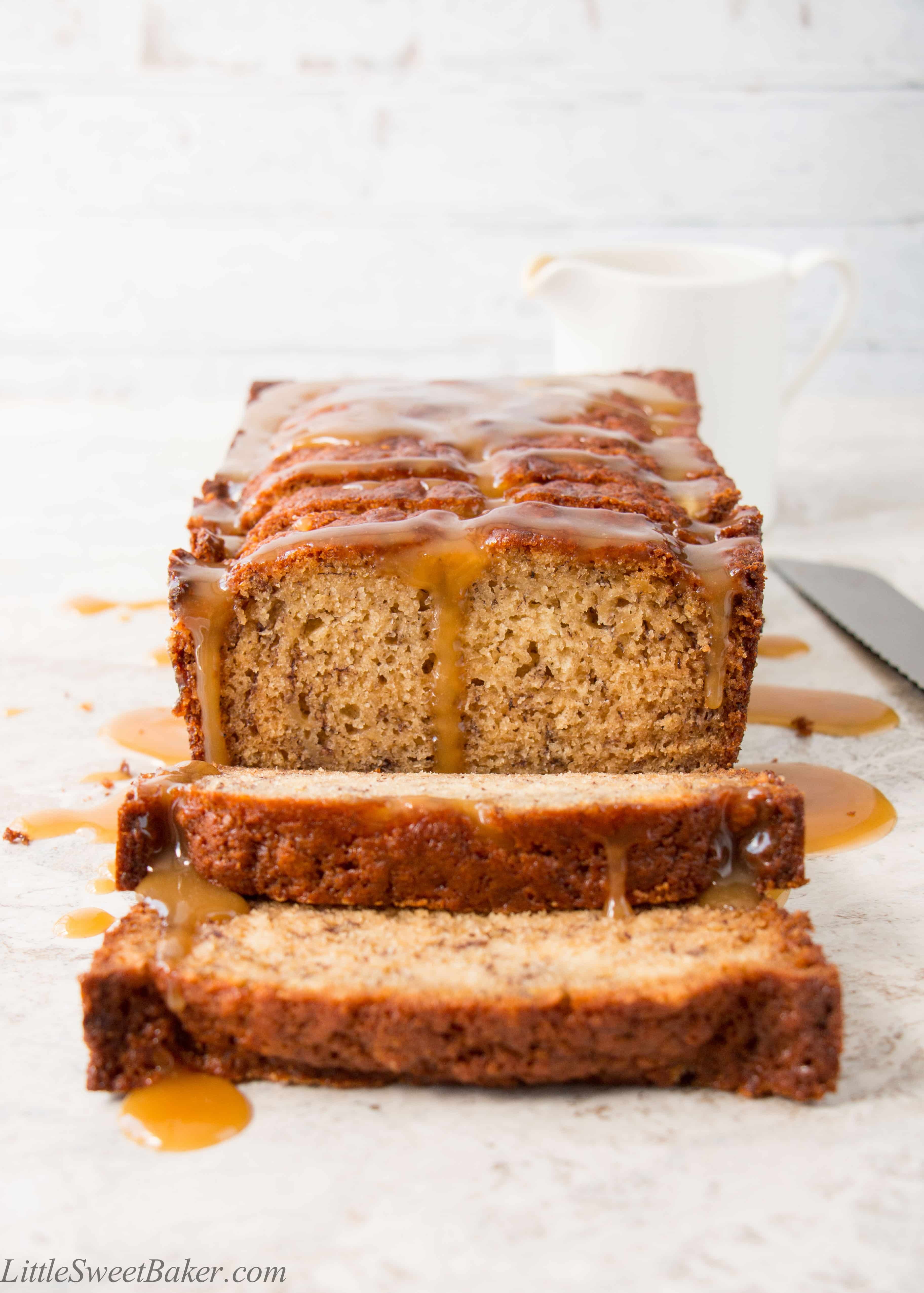 Warm slice of banana toffee bread with caramel drizzle