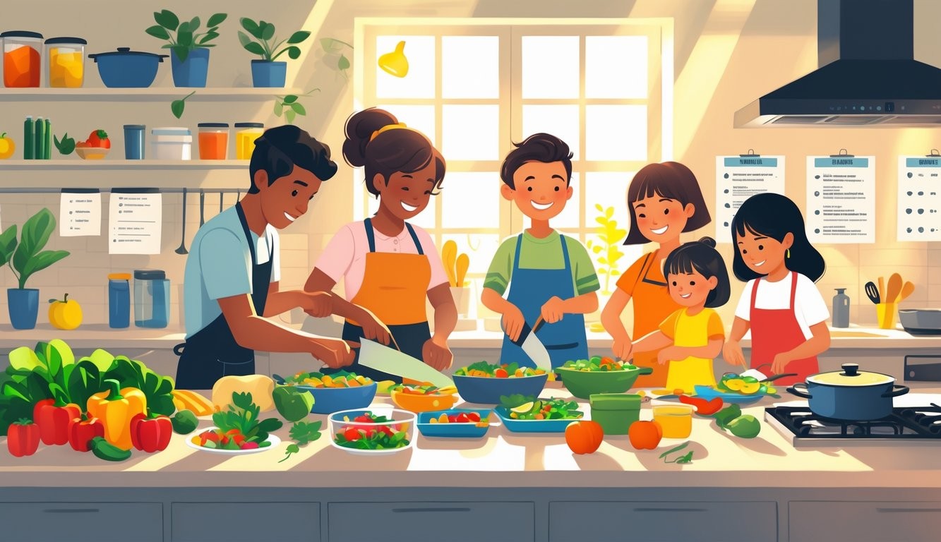 family meal prepping together in a bright kitchen