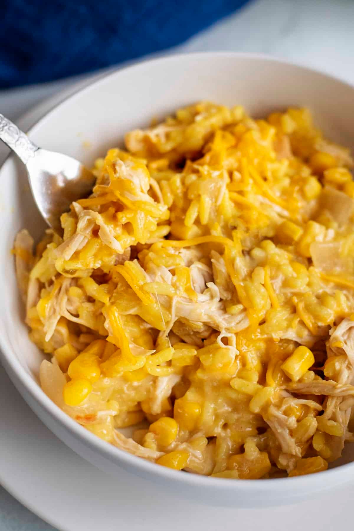 creamy cheesy crockpot chicken and rice served in a bowl