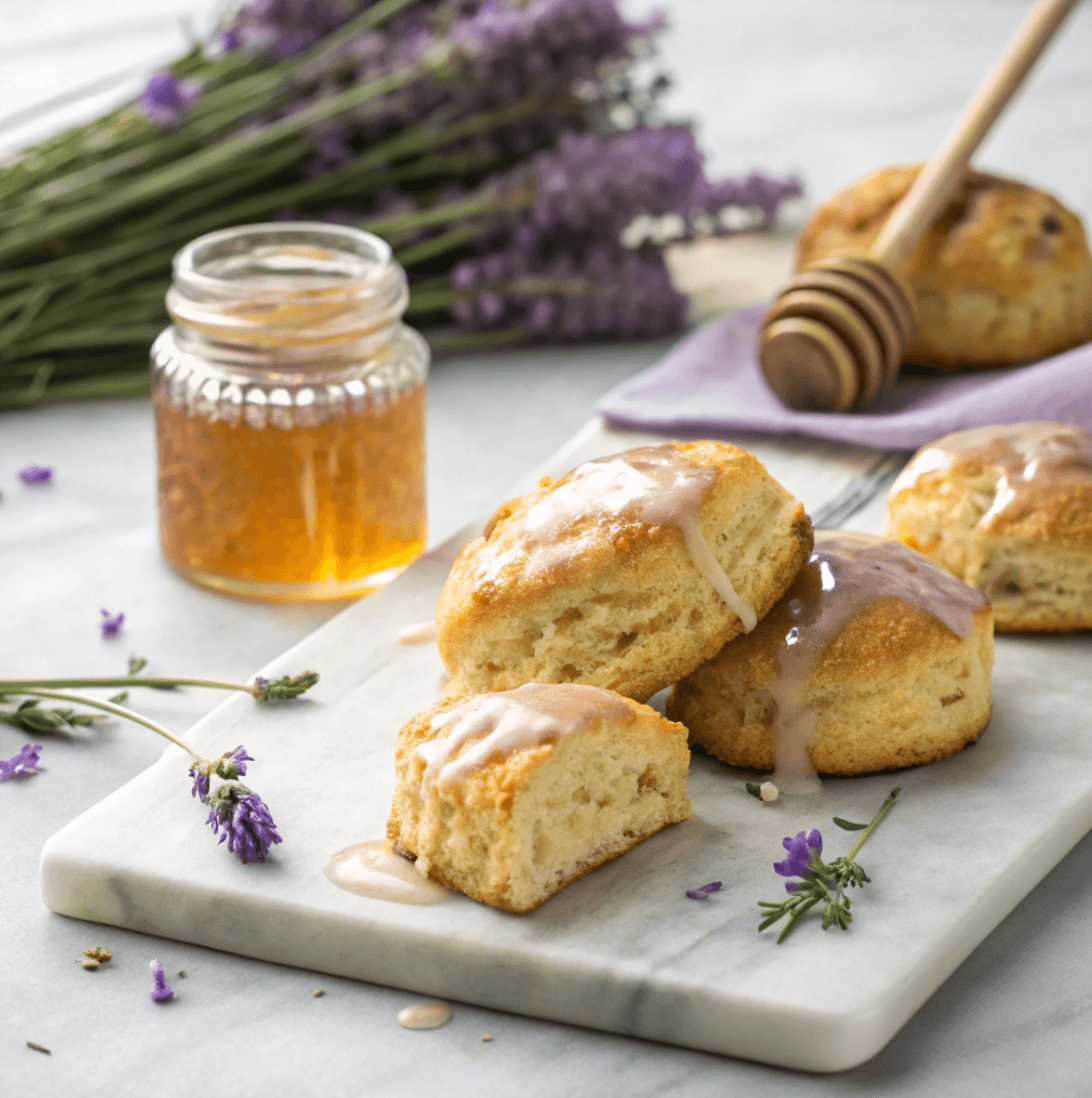 Lavender honey bagel scones on a rustic wooden table
