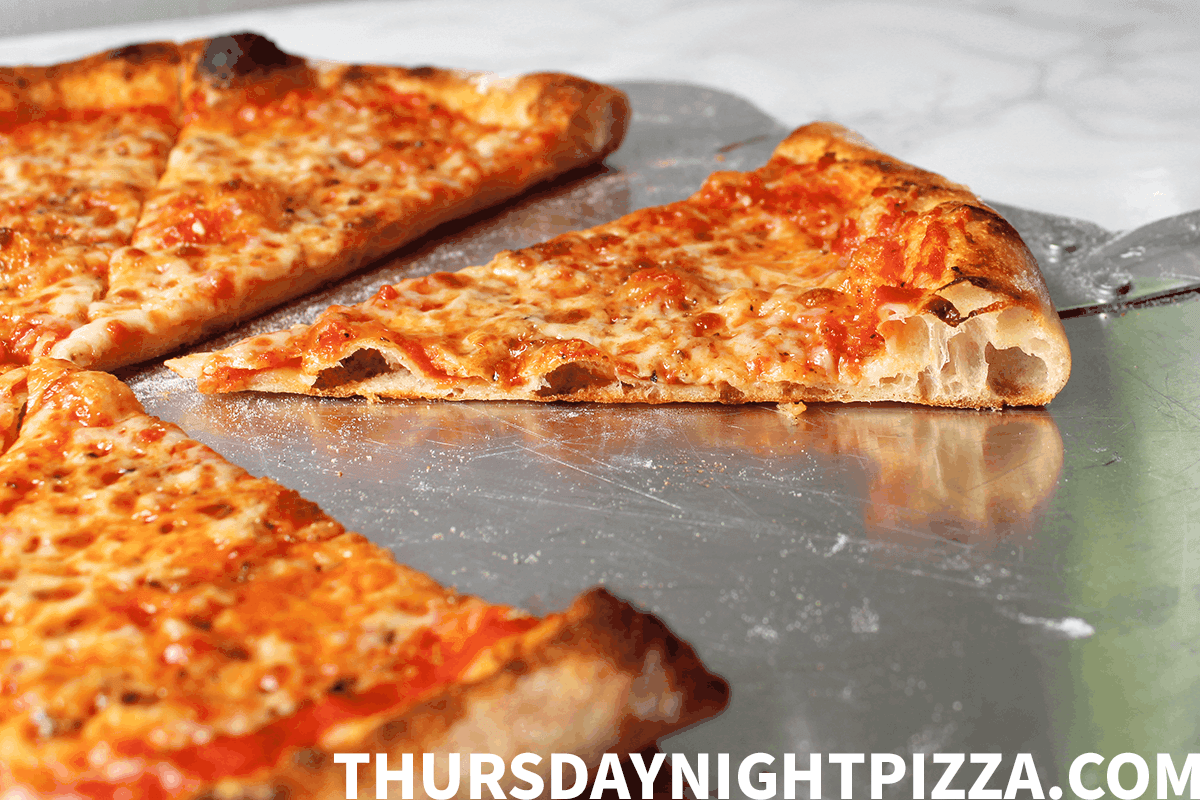 New York-style pizza with thin crust and classic toppings