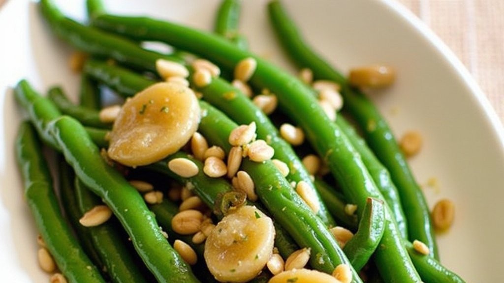 close-up plate of vibrant butter braised green beans with golden shallots, garnished with fresh herbs, soft lighting