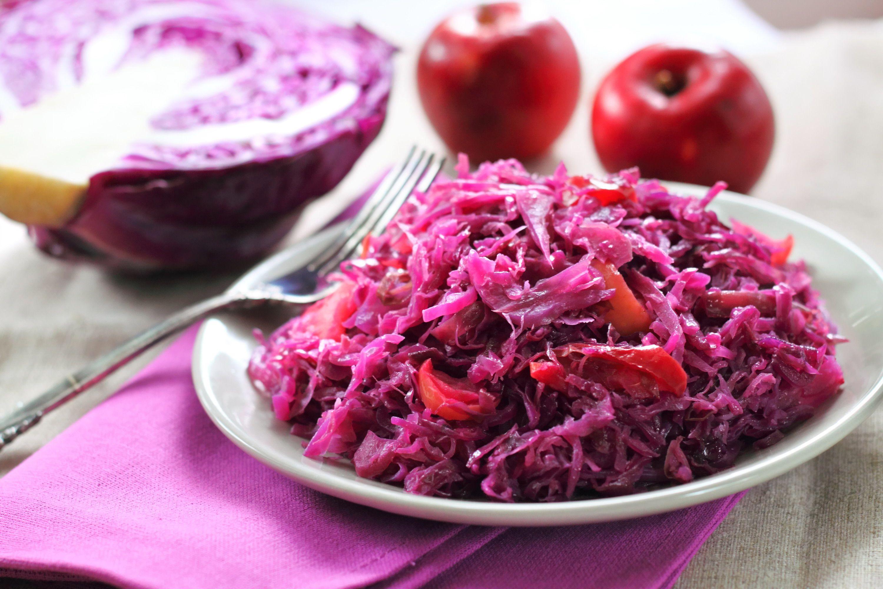 Close-up shot of a bowl of Red Cabbage and Apple Fattoush, highlighting the vibrant colors and textures