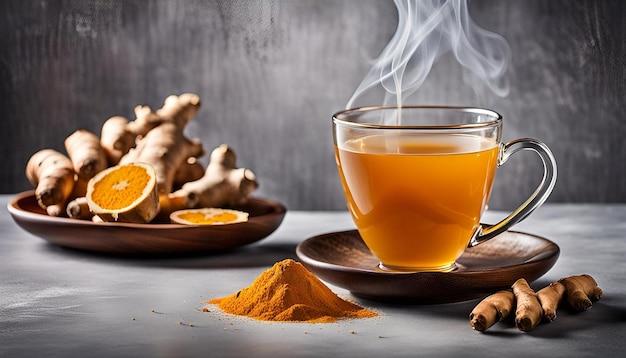 Close-up of a steaming mug of golden ginger turmeric drink with visible ginger and turmeric pieces