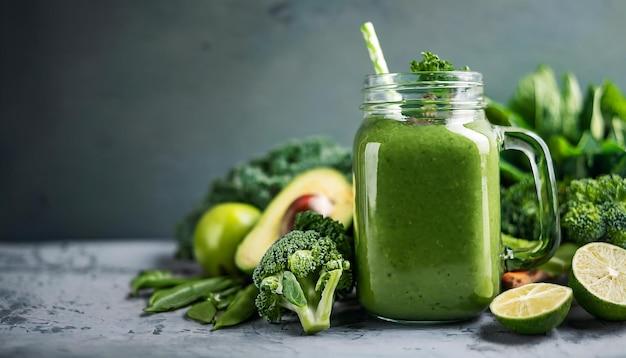 Close-up shot of a vibrant green smoothie