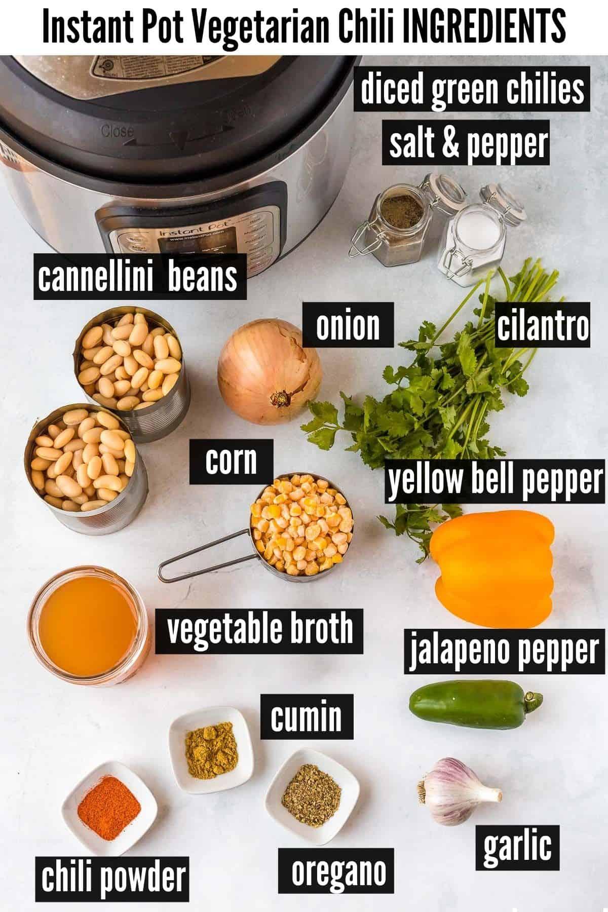 ingredients for instant pot vegetarian chili laid out on a table