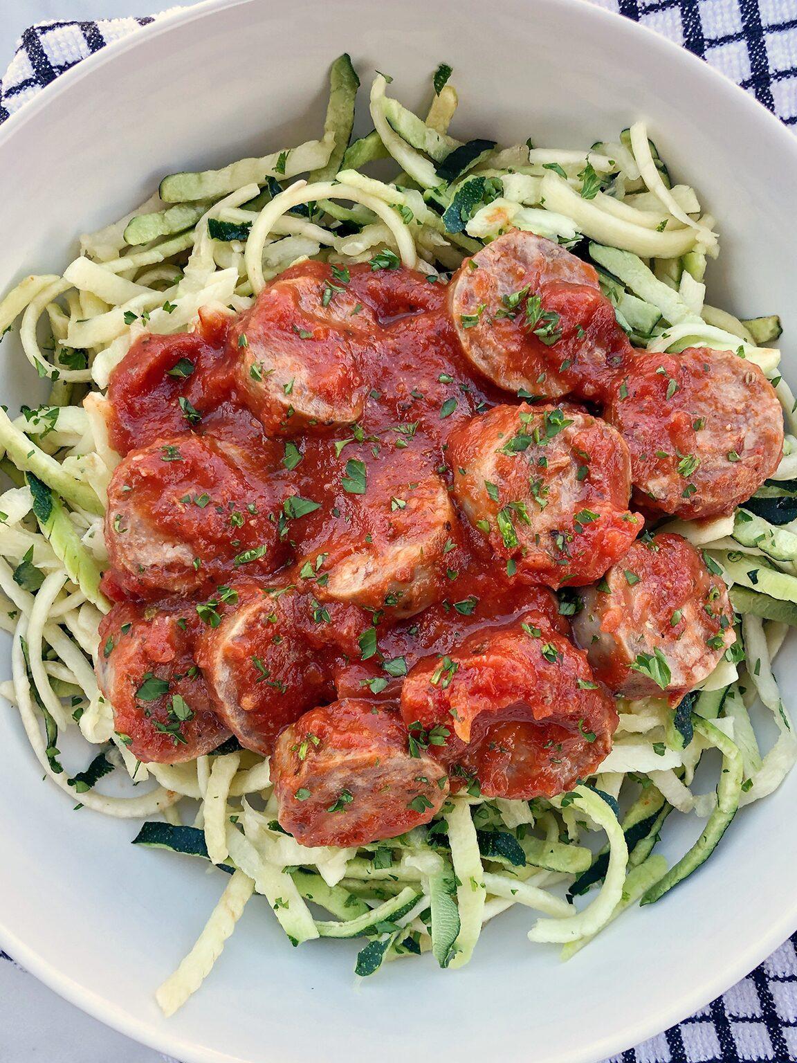 zoodles with spanish chorizo and paprika served in a bowl