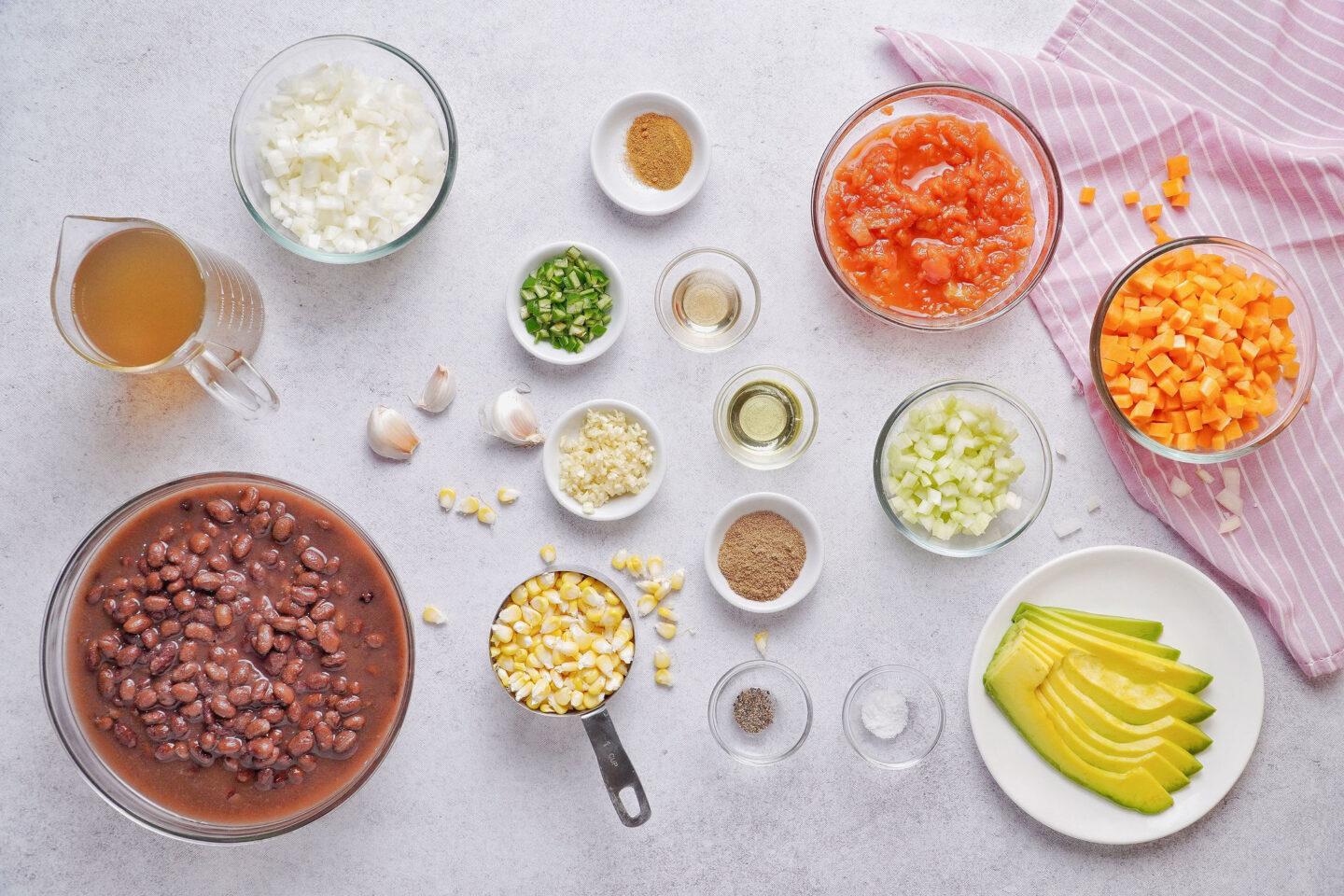 overhead shot of ingredients for black bean and corn soup