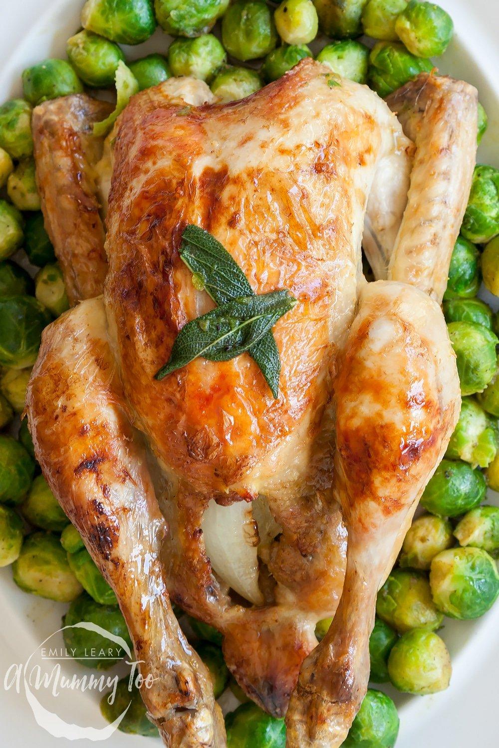 Close-up shot of a beautifully roasted chicken with crispy skin and vibrant green sage sauce.