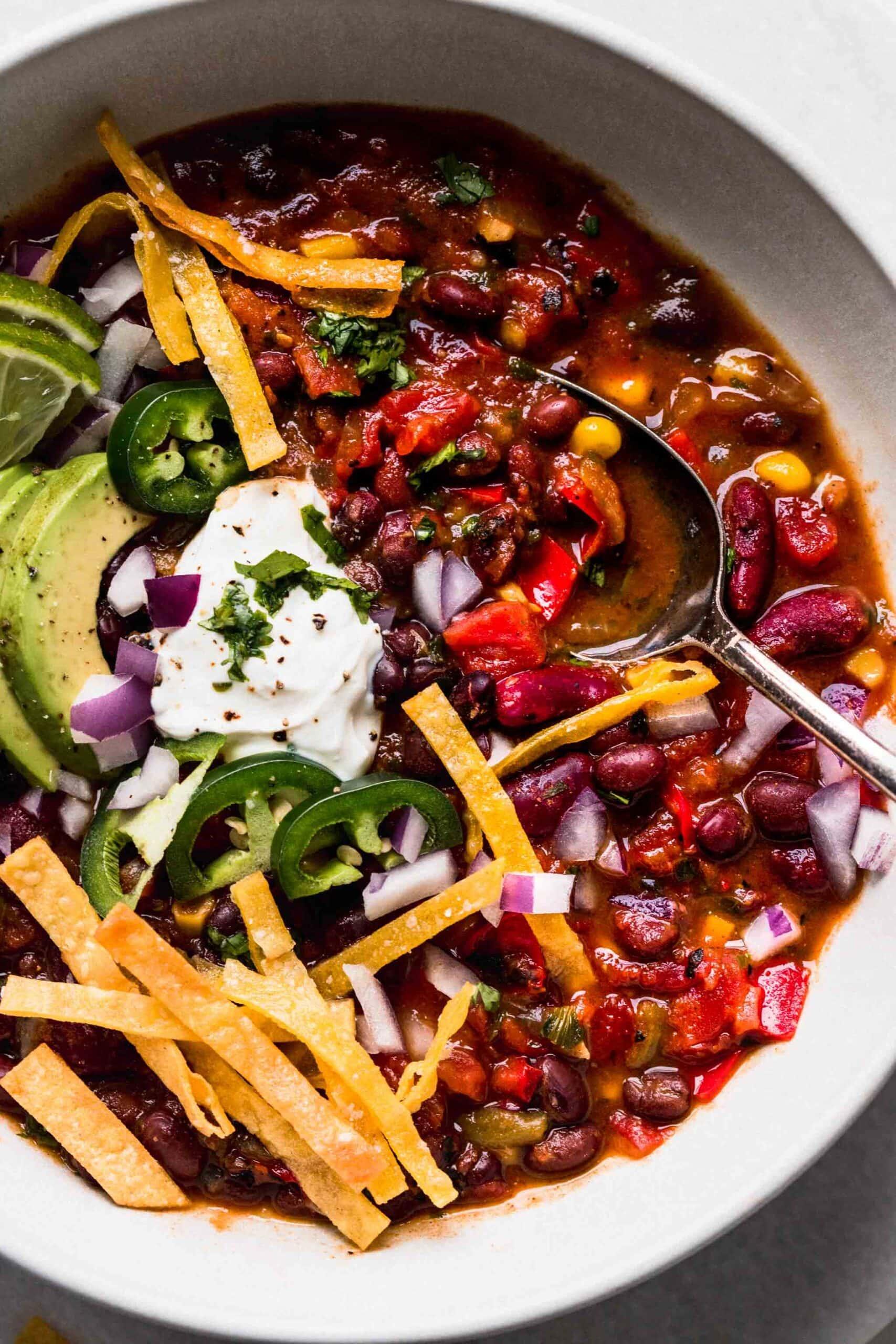 close-up shot of instant pot vegetarian chili simmering in the pot