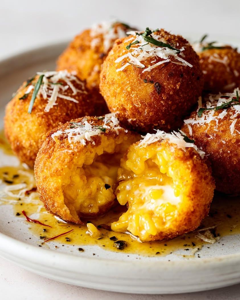 golden brown turkey arancini served on a bed of saffron risotto, garnished with parsley