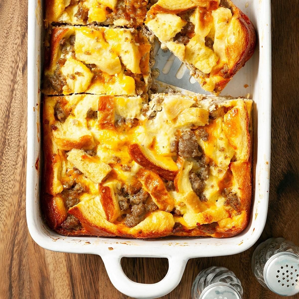 Delicious breakfast casserole with sausage, eggs, and cheese, golden brown